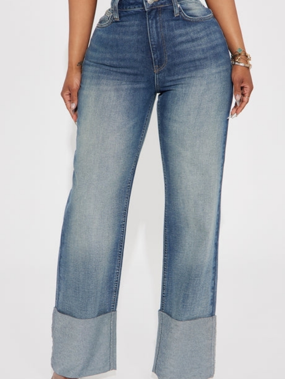 Fashion Nova Two-Tone Wide Leg Cuffed Jeans - Blue - Picture 2 of 5